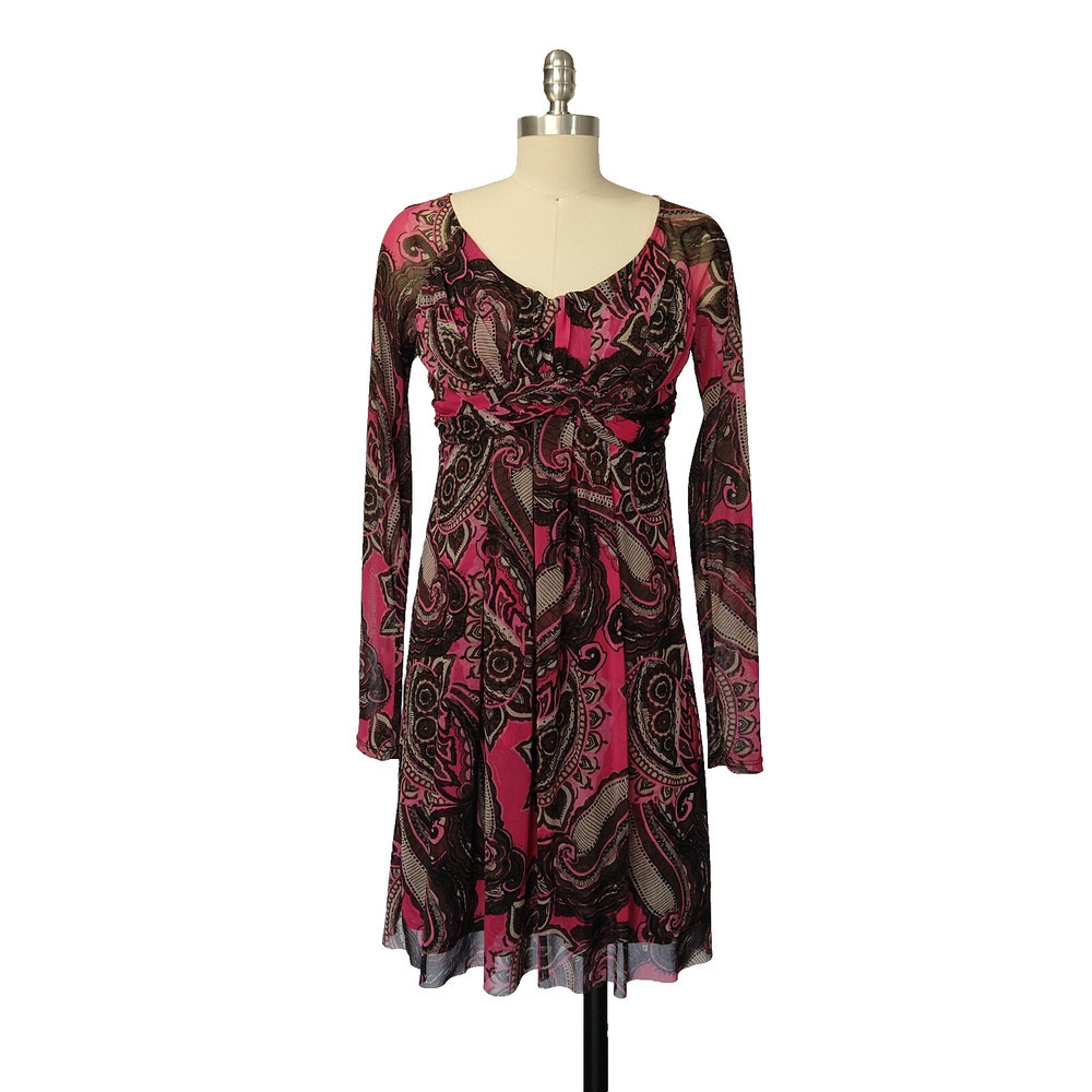 Vintage Y2K INC Micro Mesh Boho Print Fairy Dress Size M Pink Brown Paisley
